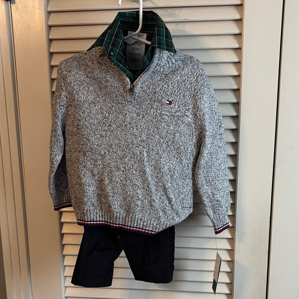 Tommy Hilfiger 3pc set Gray Sweater, green plaid shirt, black corduroy pants